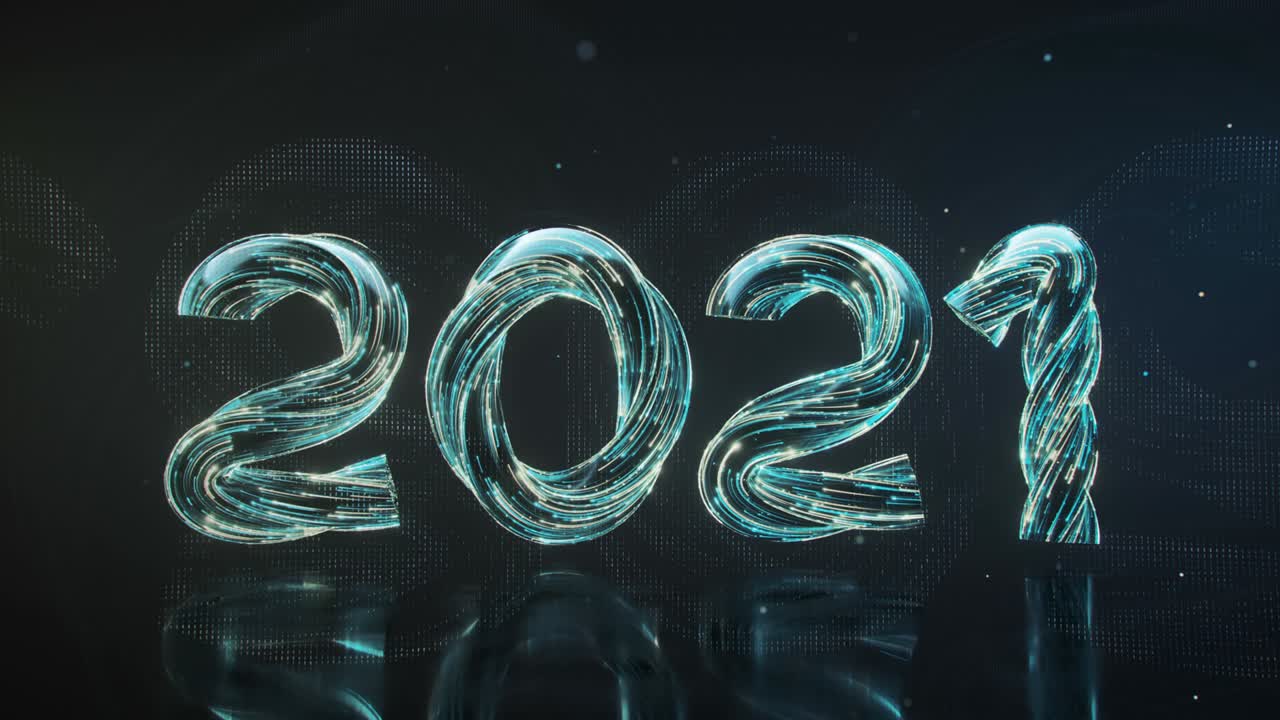 Text 2021 made of glowing lines and particles 3D render seamless loop animation