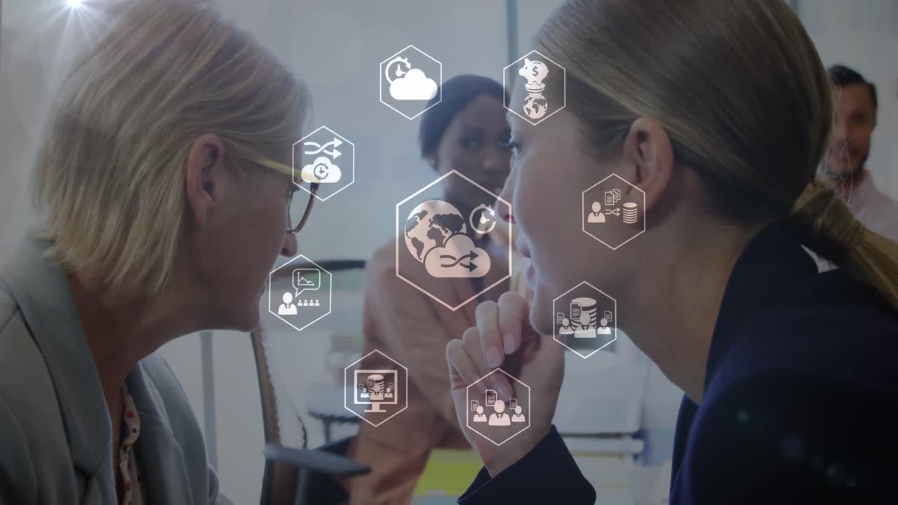 animación de la red de iconos empresariales sobre mujeres empresarias caucásicas en el cargo