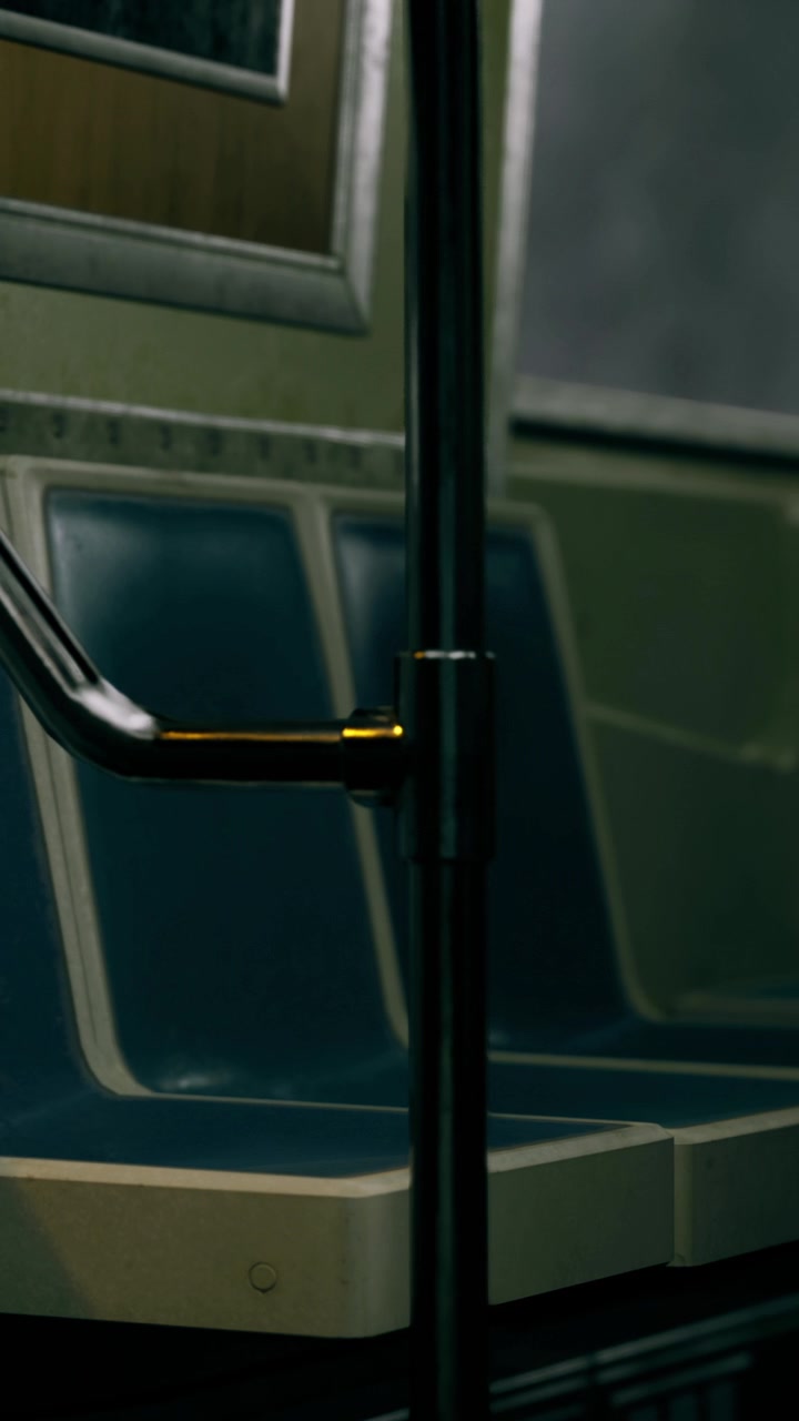 Sedili vuoti della metropolitana e palo in un treno durante un momento di quiete