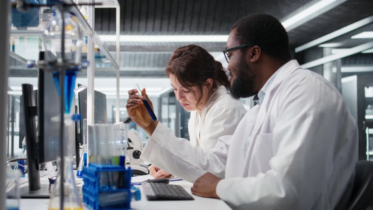 Vertical video Lab chemists inspect liquids in test tube, looking for breakthroughs