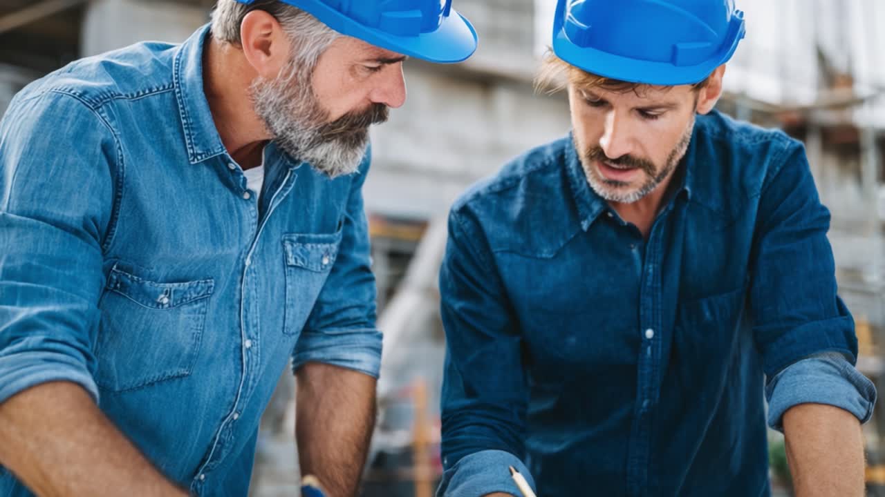 Two Construction Workers Analyzing Plans and Collaborating on a Building Project with Focus and Precision, Wearing Protective Hard Hats on a Job Site