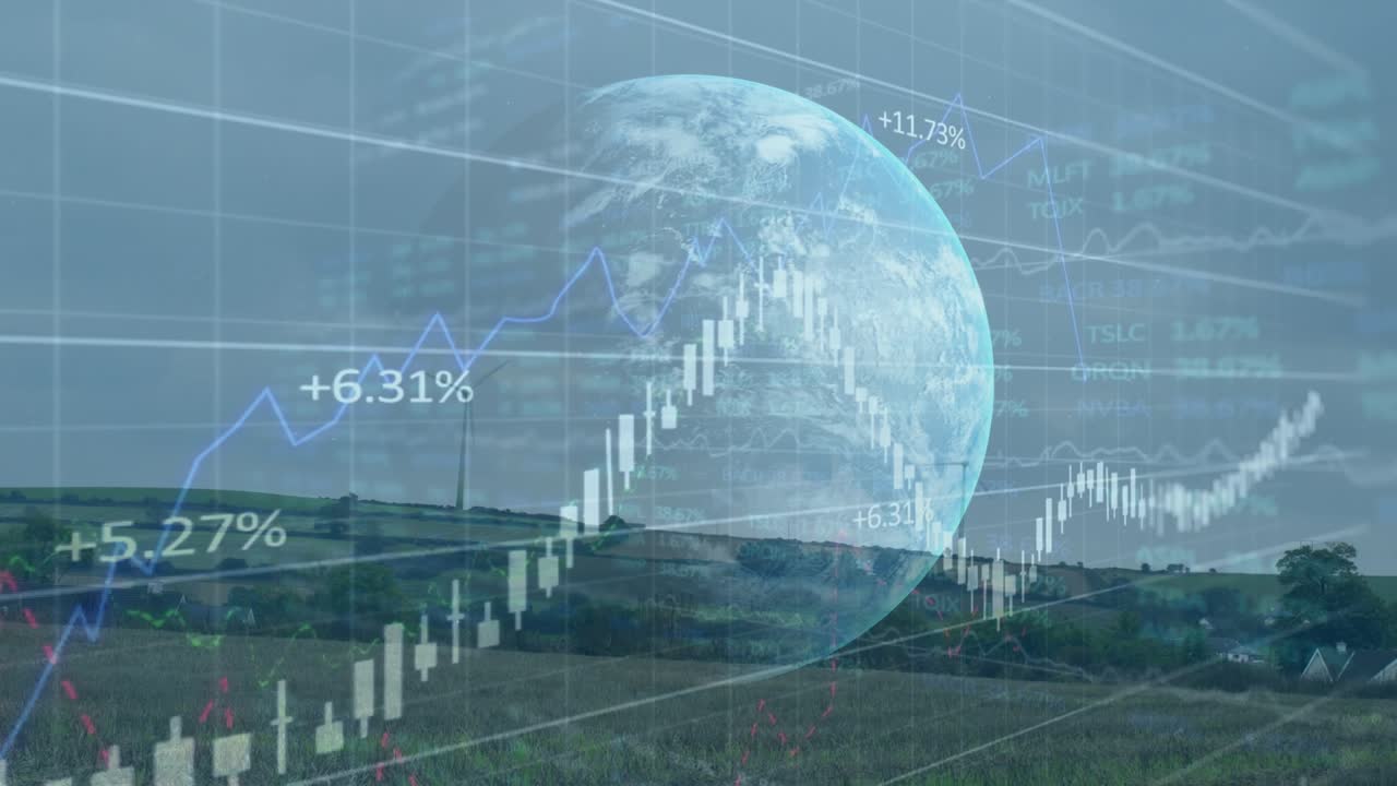 Rüzgar türbini üzerinde finansal veriler ve dünya küresi animasyonu.