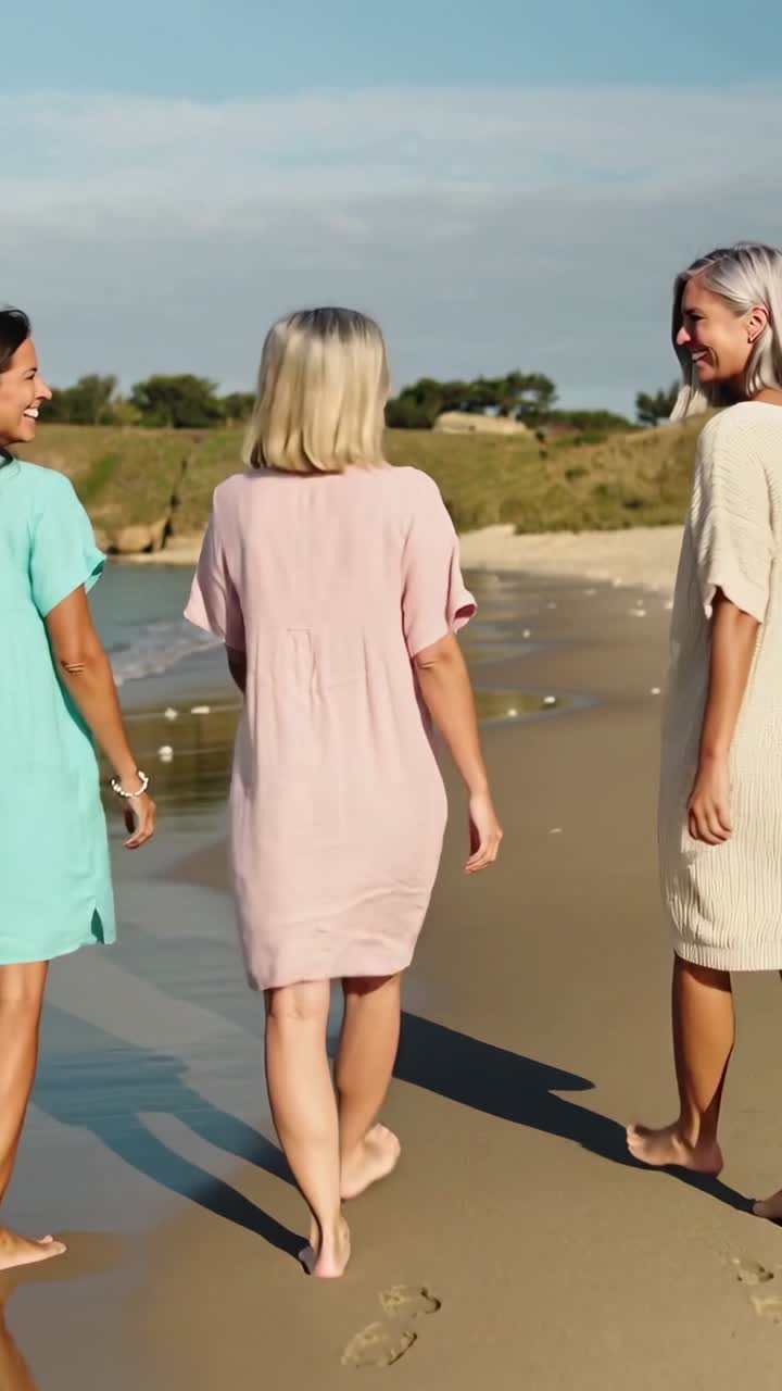 Video verticale: Telecamera che segue una donna che cammina in abito rosa, la quale guida gli amici sulla sabbia, lasciando impronte.