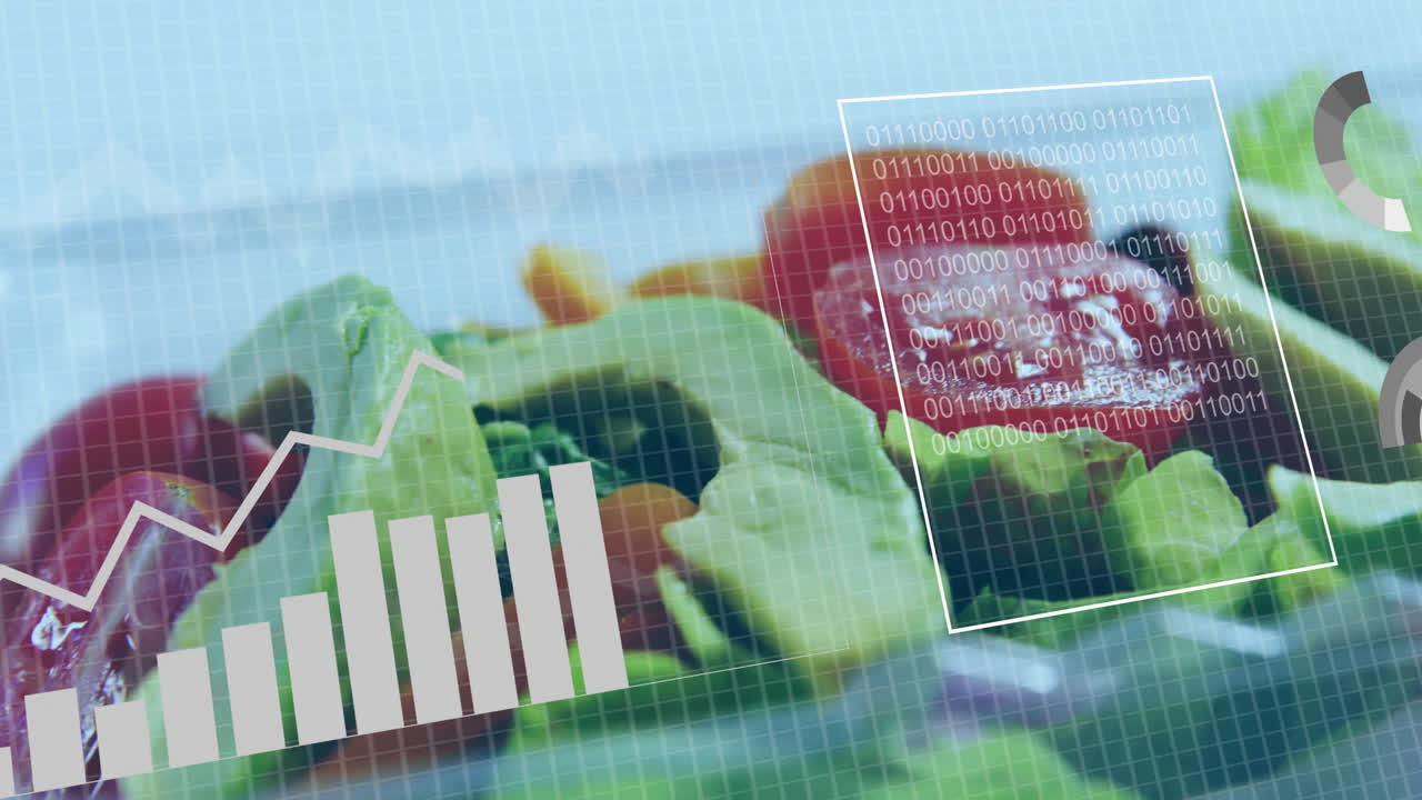 Binary code and graph animation over fresh salad with avocado and tomatoes