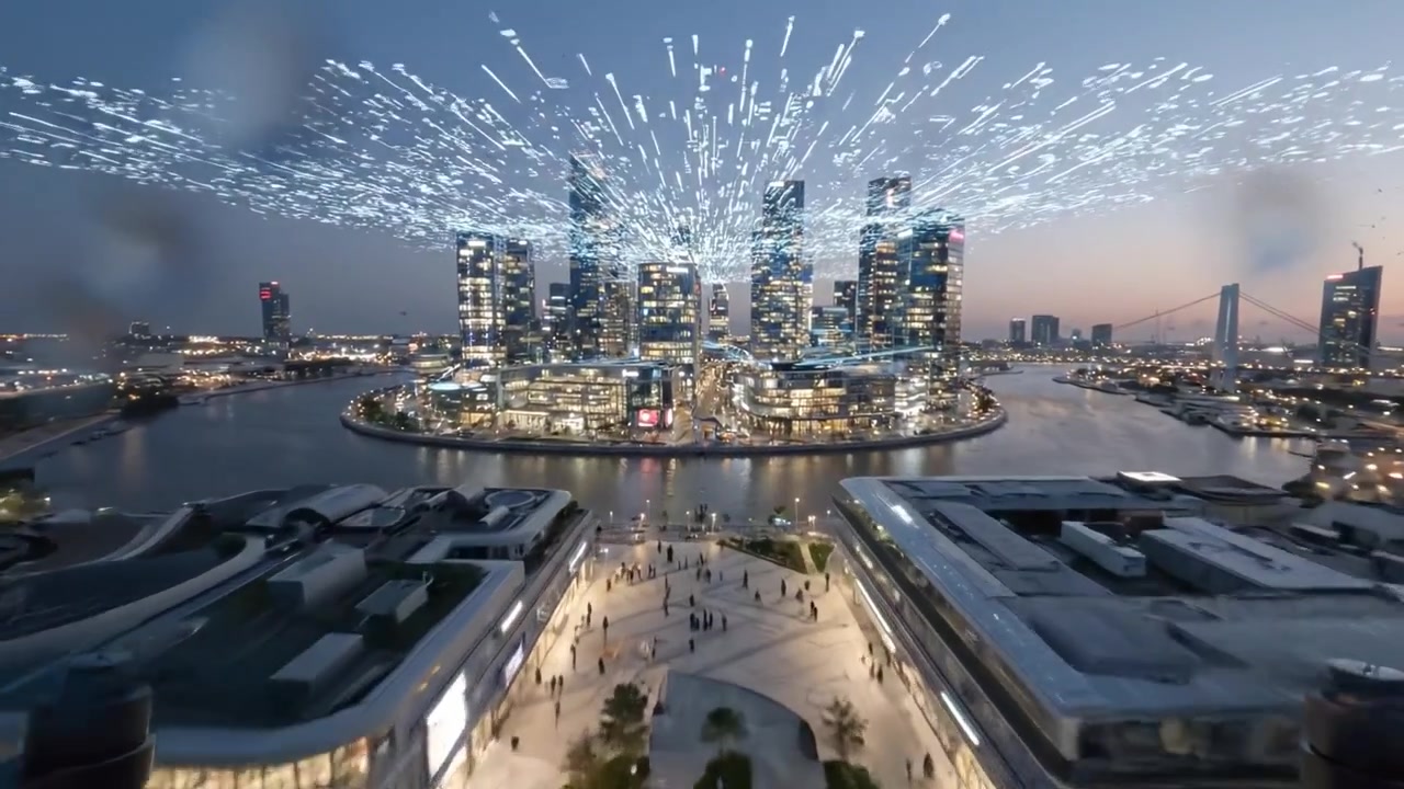 Dynamic Cityscape Transformation Revealing Urban Energy and Modern Architecture at Dusk with Vibrant Sky Patterns and Reflections on Water Surface