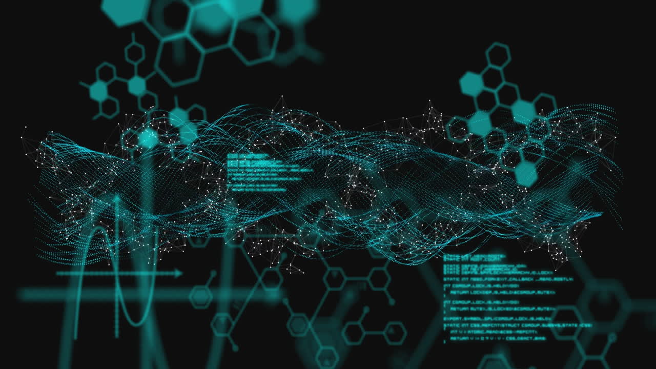 Hexagonal shapes and data processing animation over digital waveforms on black backdrop