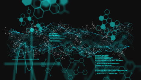 hexagonal shapes and data processing animation over digital waveforms on black backdrop
