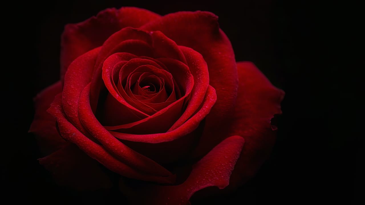 Luce da studio mutevole che rivela petali di rosa rossa e rugiada su sfondo nero, enfatizzando la texture