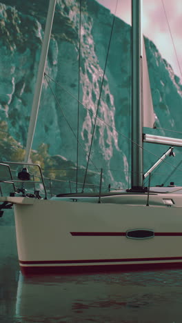 sailboat anchored in a fjord with a mountain in the background