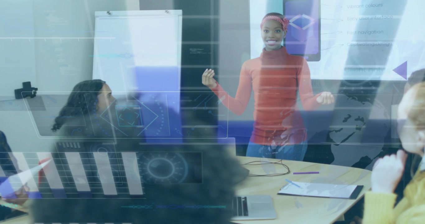 Vertical video: Presenter starting briefing, gesturing and guiding business team through slides