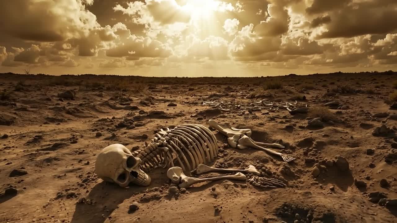 Uno scheletro sdraiato a terra nel deserto