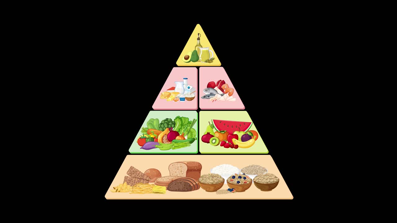 Food group pyramid segments animate into place, forming a complete nutrition guide with vibrant illustrations