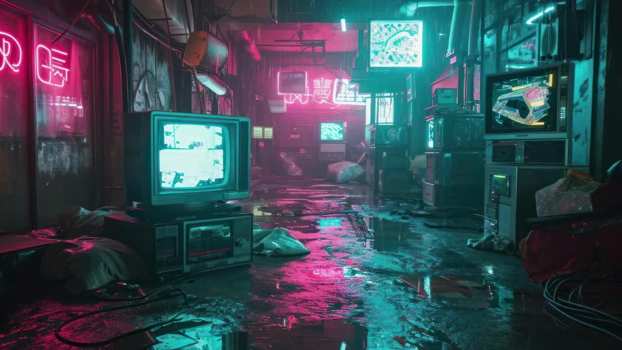 Statik video gösteren retro TV’lerle dolu neon ışıklı sokak