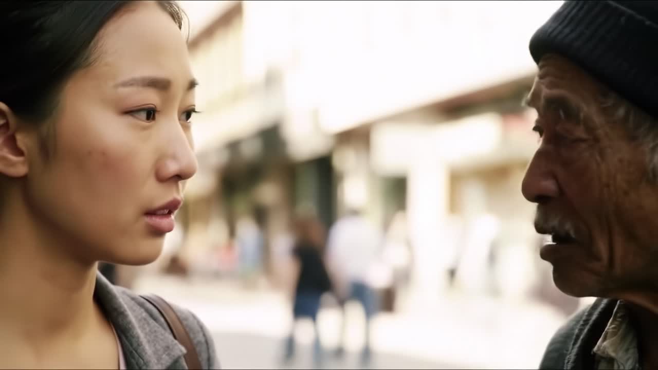 A young woman listens intently as an elderly man shares a story on a busy street. Their interaction highlights the power of connection between generations in an urban setting.