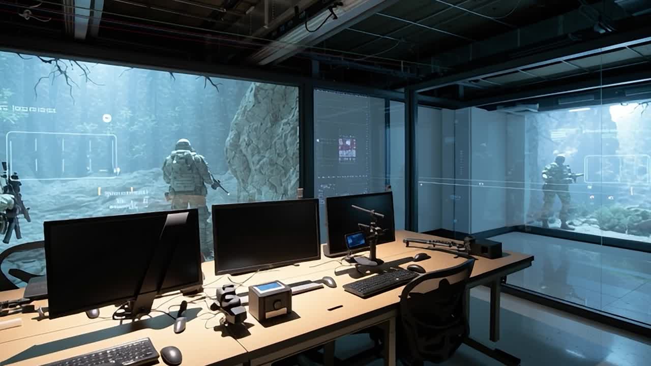 Militært personell driver med trening i et høyteknologisk simuleringsrom.