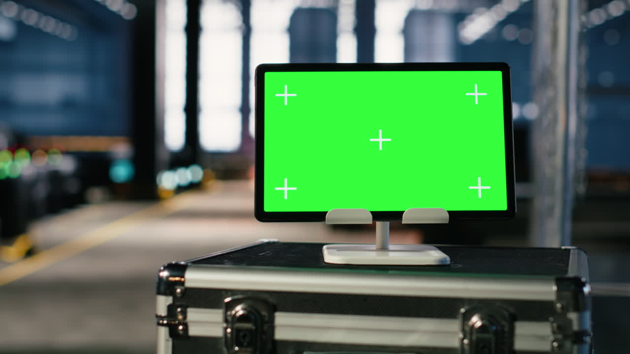 Green screen laptop in engineering plant reveals spacious machinery hall