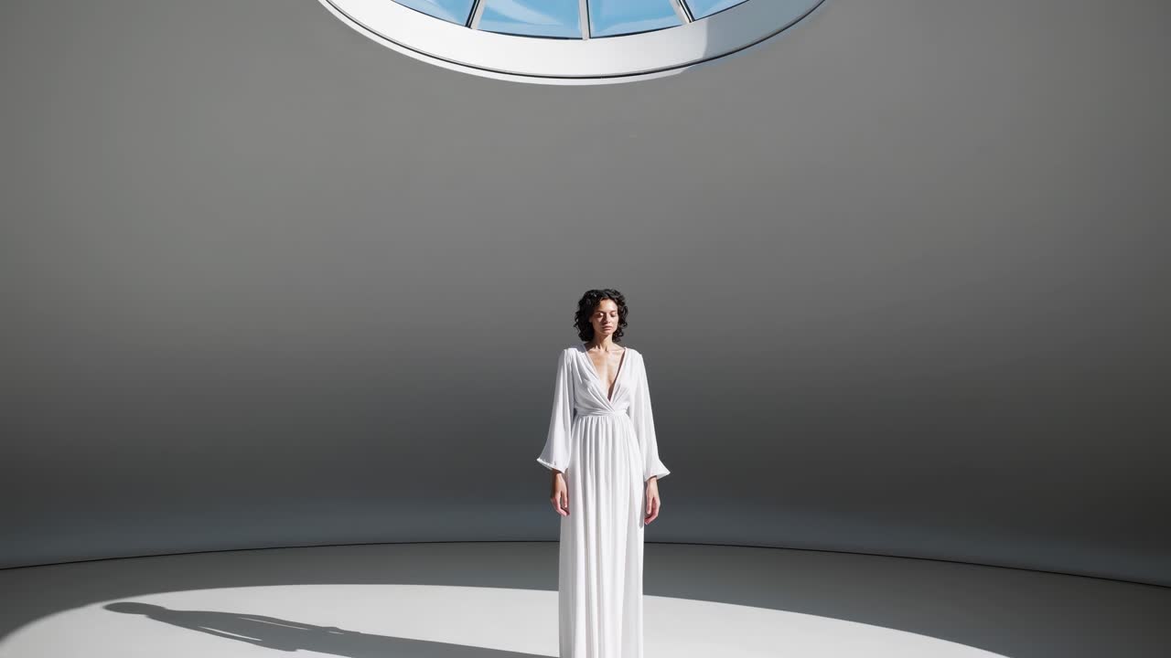 Curly haired woman practicing meditation, standing barefoot in minimalist white circular space, wearing flowing dress, sunlight filtering through overhead skylight, radiating inner peace