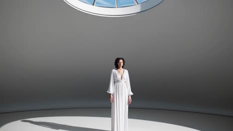 curly haired woman practicing meditation, standing barefoot in minimalist white circular space, wearing flowing dress, sunlight filtering through overhead skylight, radiating inner peace