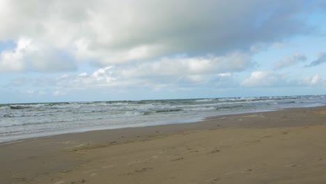 Panoramic-view-of-Baltic-sea-coastline-on-a-overcast-day,-steep-seashore-dunes-damaged-by-waves,-white-sand-beach,-broken-pine-trees,-coastal-erosion,-climate-changes,-wide-handheld-panorama-shot