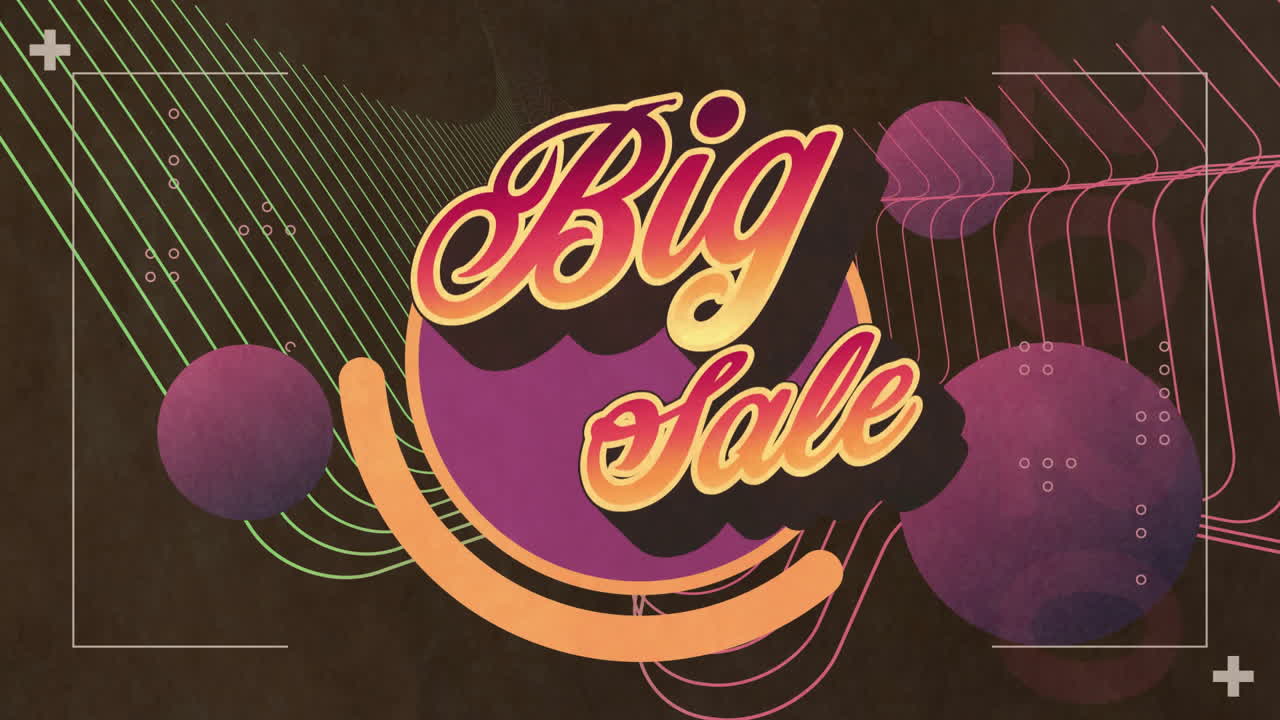 Big Sale text being showcased over purple scalloped circle with orange bar, neon lines, plus icons