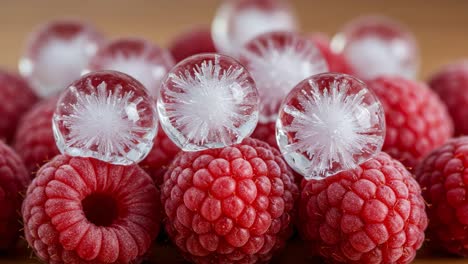 a mesmerizing close-up of fresh raspberries adorned with unique ice crystals, showcasing nature's beauty in a stunning culinary presentation