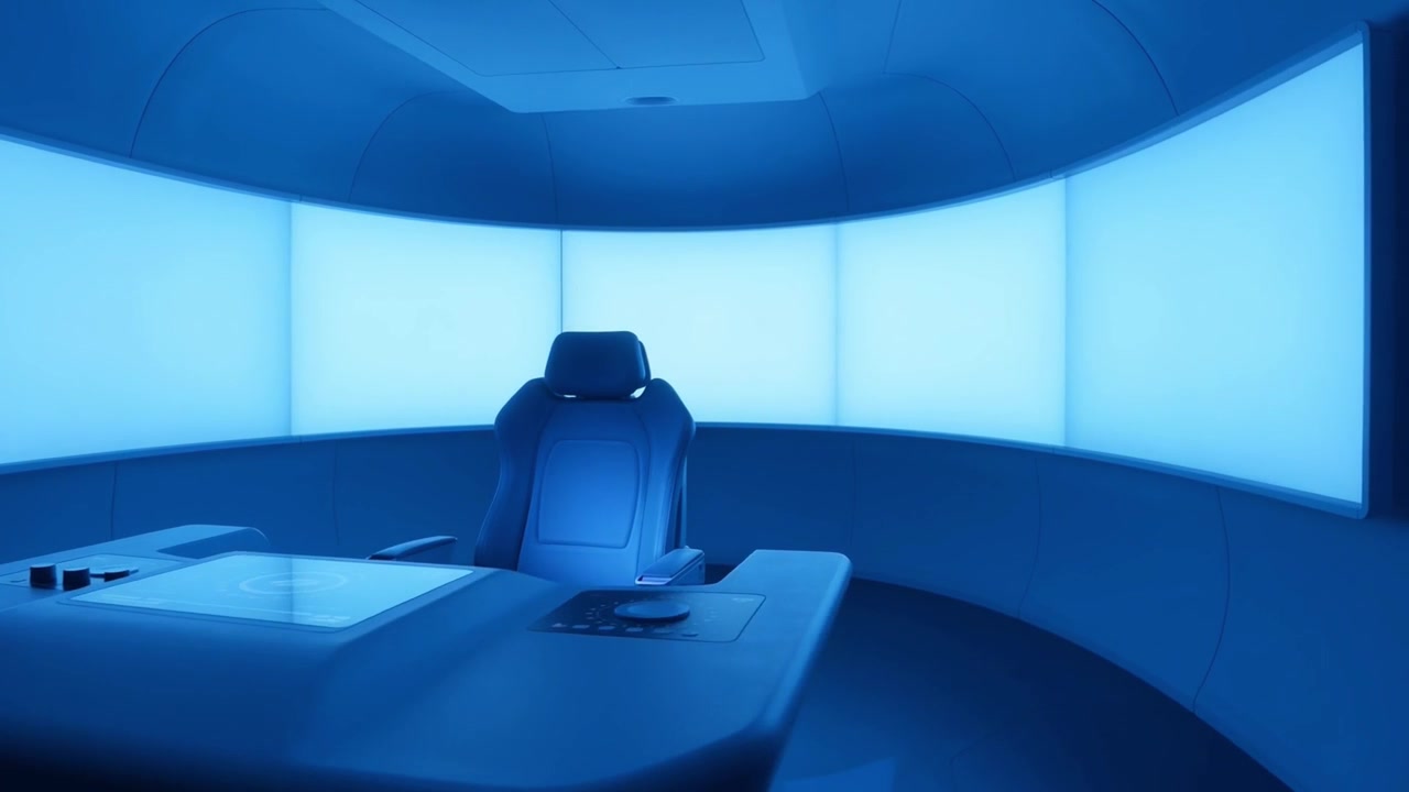 Tomt Futuristisk Kontrolrum med Blå Skærme