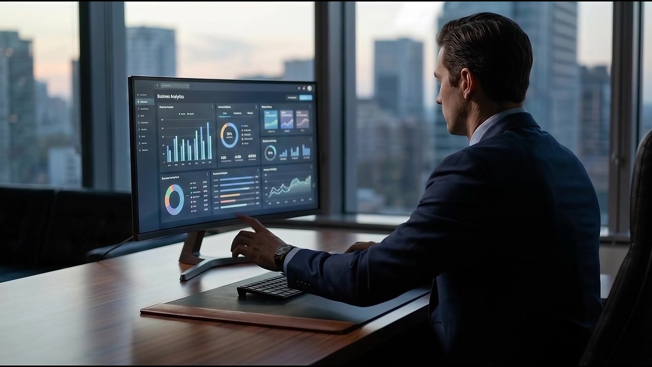 Businessman Analyzing Financial Data on Computer in Office
