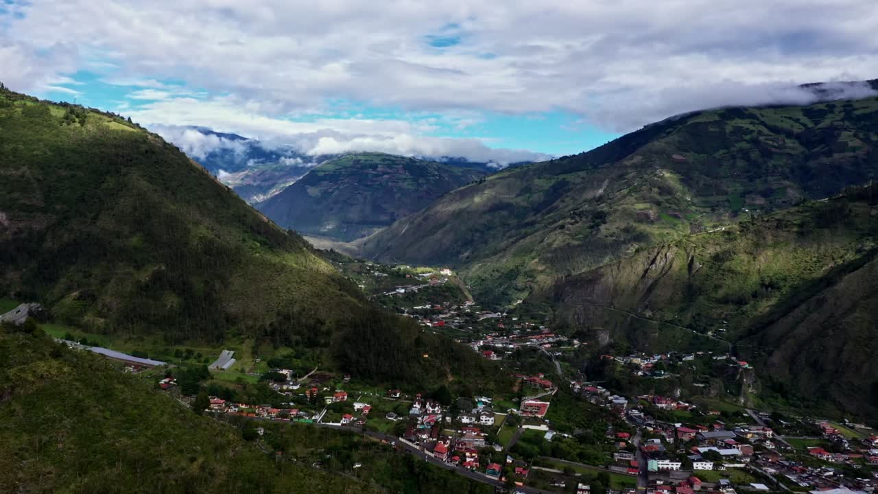 Aerial view of the village banos, build in a valley of the Andes