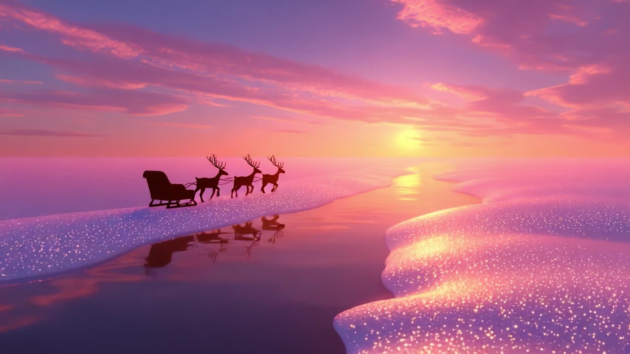 A serene and magical sunset scene featuring a silhouette of a sleigh pulled by reindeer, gliding over a shimmering icy landscape reflecting vibrant colors of twilight and the soft glow of the setting sun