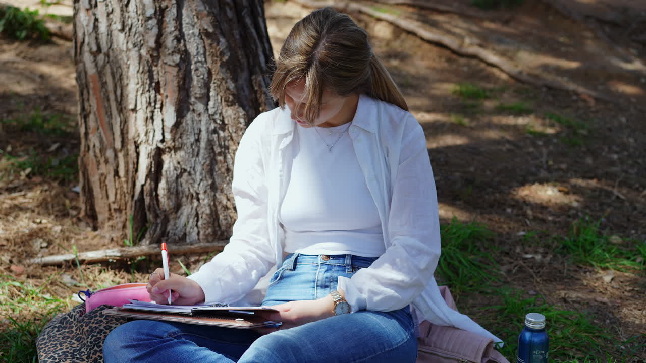 Woman studying outdoors under a tree