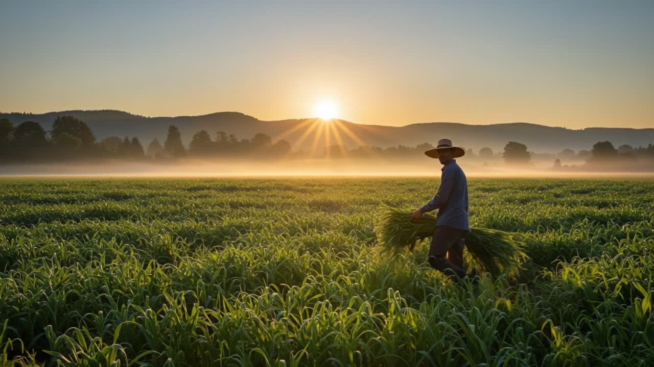 A Farmer Harvests Lush Green Crops at Dawn, Bathed in Golden Sunrise Illuminating the Field and Creating a Breathtaking Rural Landscape