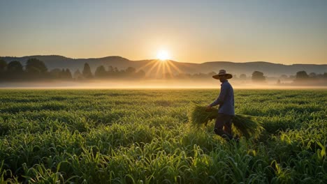 a farmer harvests lush green crops at dawn, bathed in golden sunrise illuminating the field and creating a breathtaking rural landscape