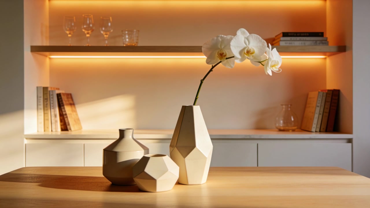 Shifting sunlight sweeping across dining table, highlighting three ceramic vases with white orchid