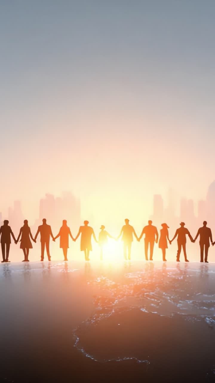 A Diverse Group of People United in Solidarity Against a Sunset Background, Symbolizing Hope, Community, and Strength in Global Connections