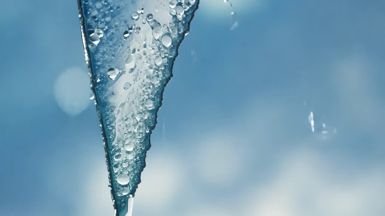 녹는 얼음은 은 겨울날에 밝은 빛 아래 물방울을 형성하여 봄으로의 전환을 보여줍니다.