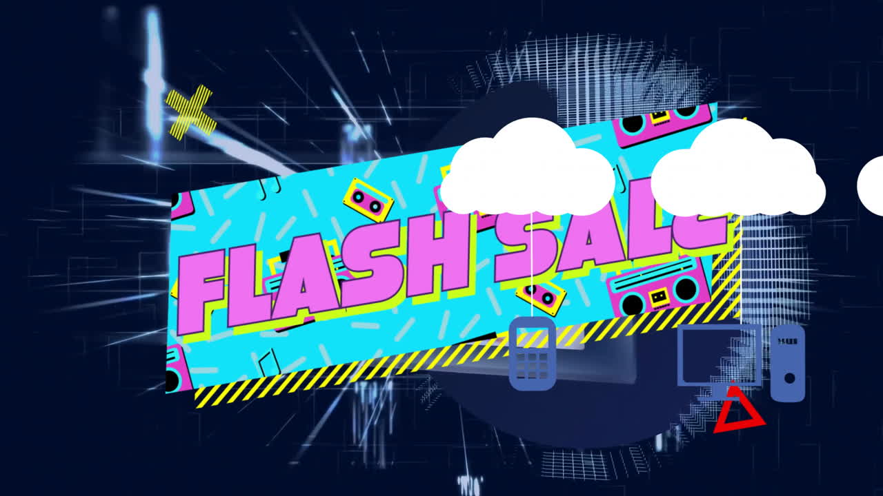 Colorful animation of Flash Sale text with clouds on vibrant blue background