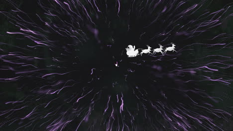 animation of fireworks over santa claus in sleigh with reindeer on black background