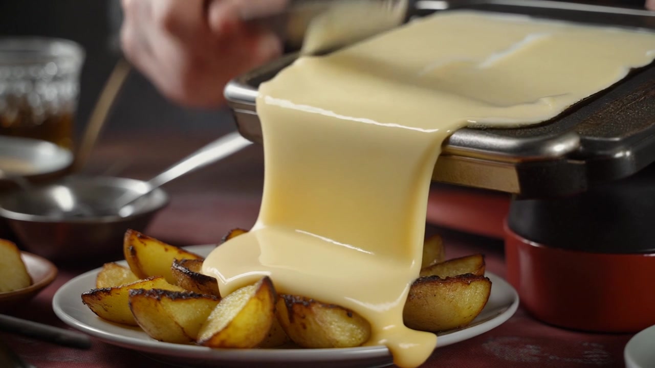 Geschmolzenen Raclette-Käse über geröstete Kartoffelspalten gießen
