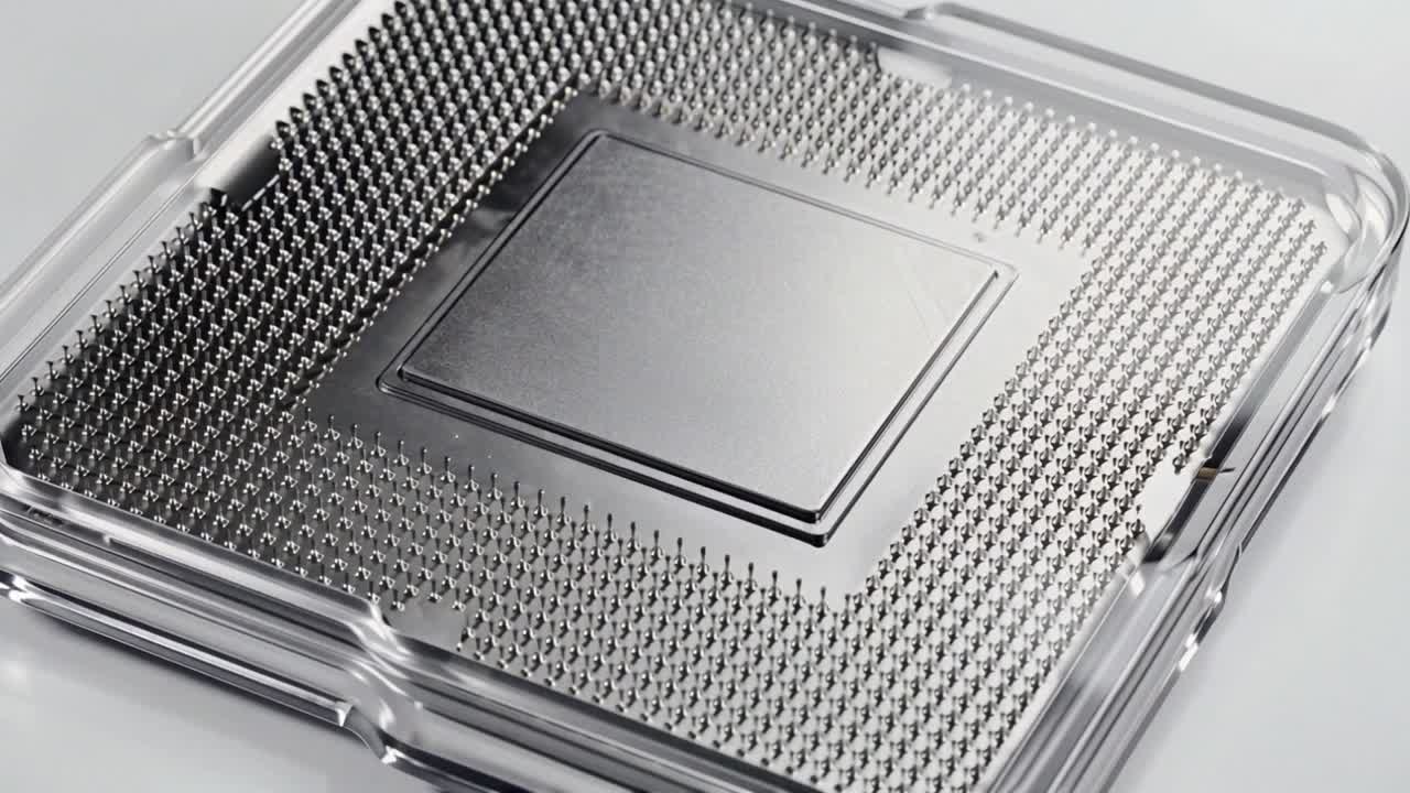 Nærbillede af en computer CPU-processor med ben i et plasthus