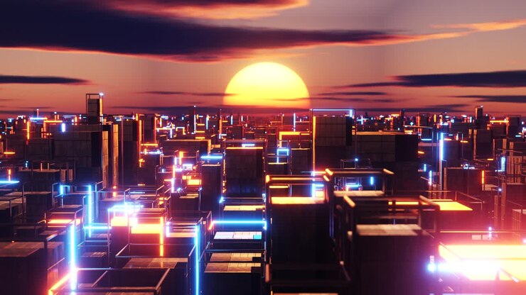 Sol brilhante brilha atrás de uma cidade cheia de edifícios altos. Animação em loop infinito.
