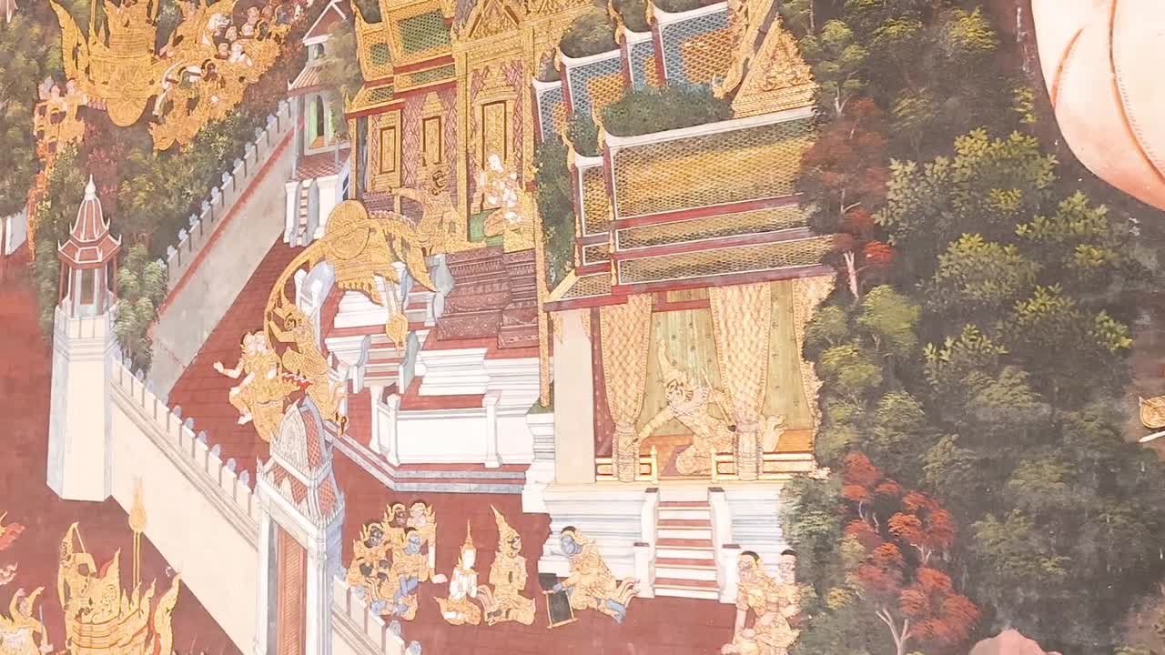 A detailed section of a Thai mural showcasing mythical figures and ornate architecture.