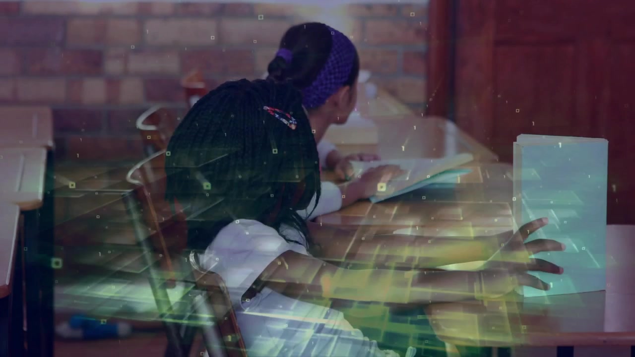 Front girl focusing blue folder leaning to steady desk, rear girl reading in class, layered effect
