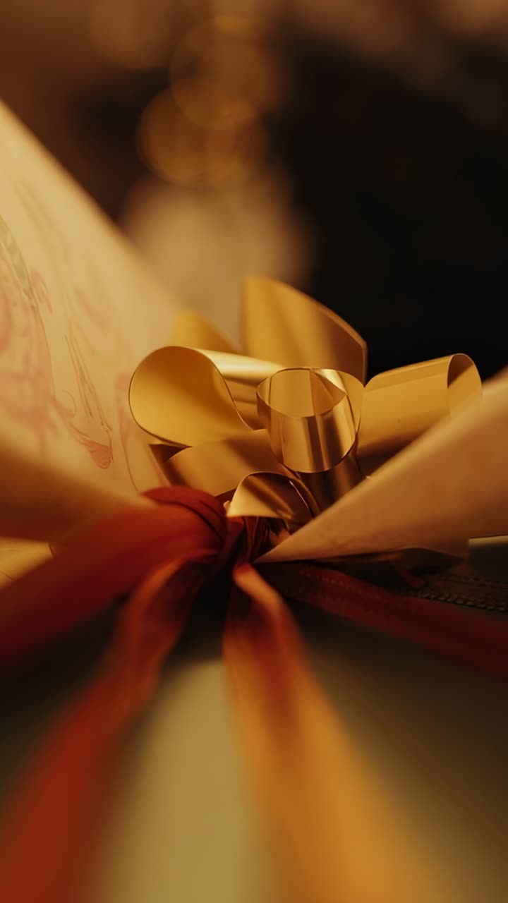 Vertical video: Pushing camera on tabletop, capturing gold ribbon bow and red cord fastening cones