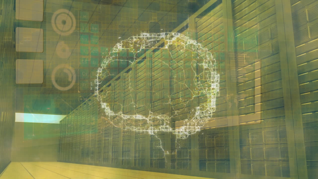 Animation of brain, data processing and server room