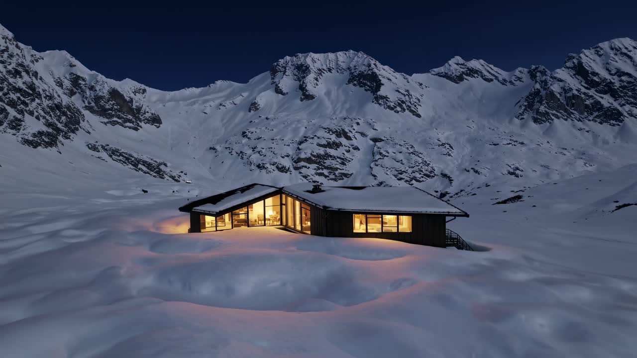 Warm lights illuminate a modern, cozy mountain cabin nestled in a snowy landscape in the Swiss Alps, creating a serene and inviting atmosphere at twilight