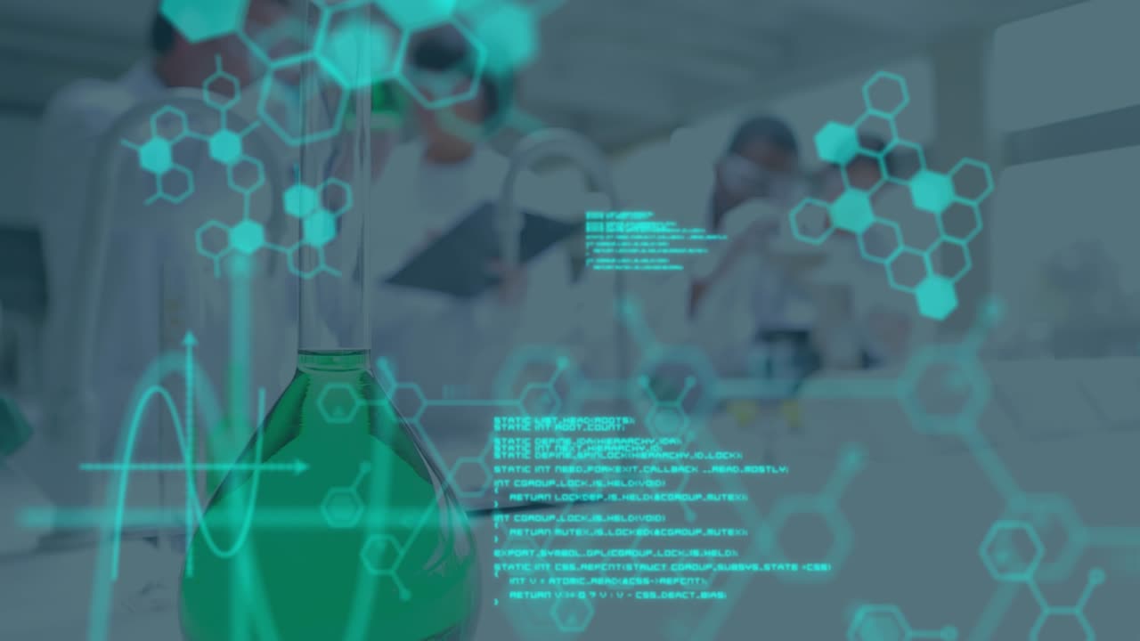 Animation of data processing and chemical formula over diverse scientists in lab