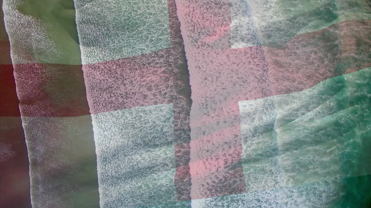 Animation of flag of england blowing over waves in sea