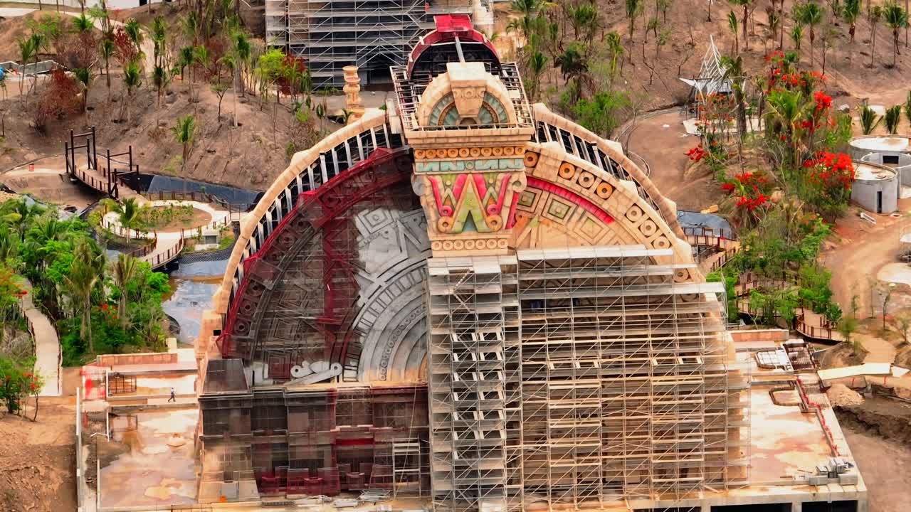 Close up of colorful aztec inspired dome under construction at VidantaWorld, Mexico