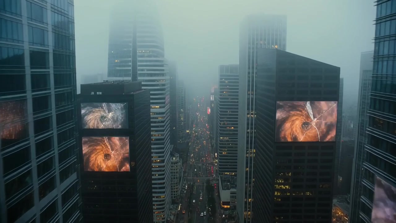 Descending drone revealing downtown canyon with glass towers showing swirling LED screens and cars
