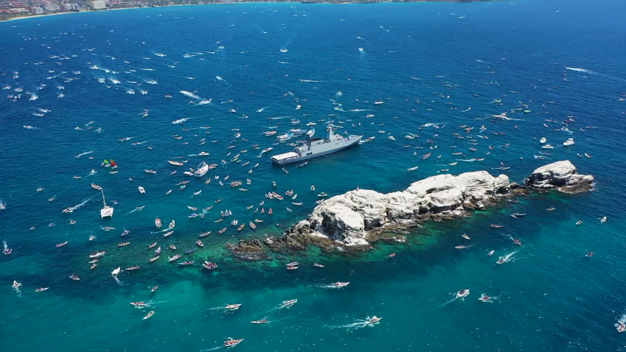Aerial view of boats in faith procession near Isla de Margarita, Venezuela
